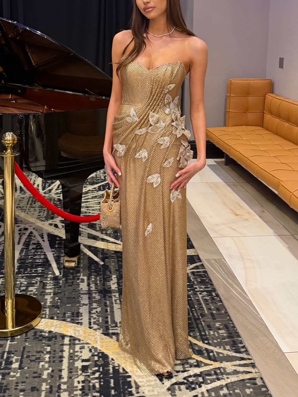 Strapless Gold Evening Gown with Floral Appliqué - Picture 2 of 4